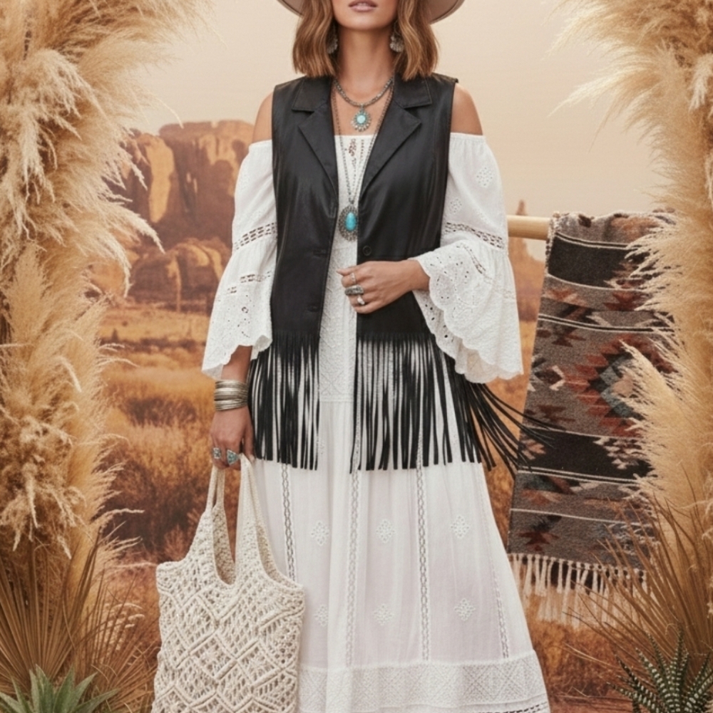 Know.one.cares Black Faux Leather Vest with Fringe